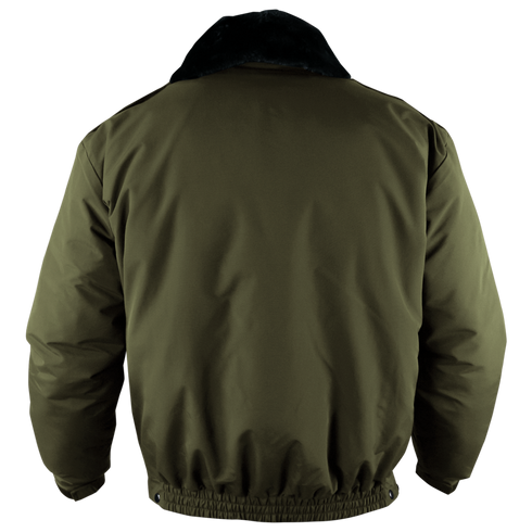 Back view of the Condor Guardian Duty Jacket in olive green, featuring an insulated design with a black collar and elastic waistband, displayed on a plain white background.