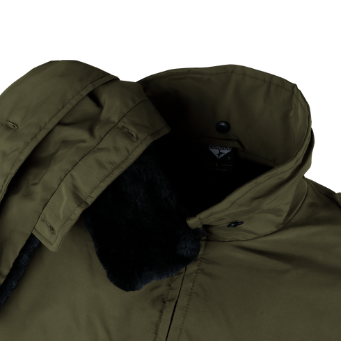 Close-up of the Condor Guardian Duty Jacket in olive green, featuring a faux fur lining and snap-button collar. On SALE.