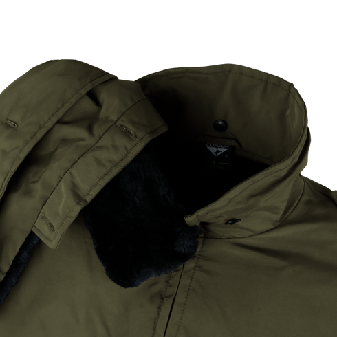 Close-up of the Condor Guardian Duty Jacket in olive green, featuring a high collar, black lining, and a visible button and inner label.