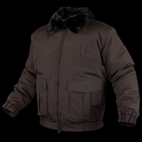 The Condor Guardian Duty Jacket | SALE features a black fur collar, two large flap pockets, front zipper, and elastic cuffs and waistband—perfect for military or first responders needing reliable warmth in cold weather.