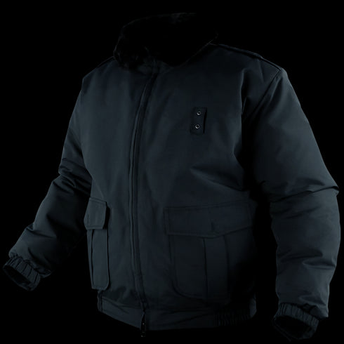 The Condor Guardian Duty Jacket | SALE is a black winter jacket with a front zipper, two large flap pockets, buttoned chest pocket, elastic cuffs, and high collar. Ideal for law enforcement use. Displayed on a mannequin.