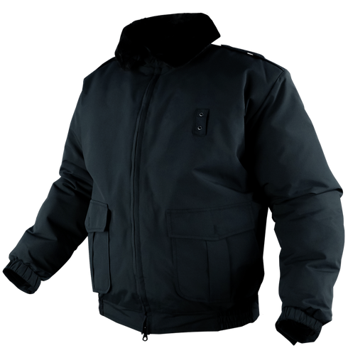 The Condor Guardian Duty Jacket | SALE is a black winter jacket with a front zipper, two large flap pockets, buttoned chest pocket, elastic cuffs, and high collar. Ideal for law enforcement use. Displayed on a mannequin.