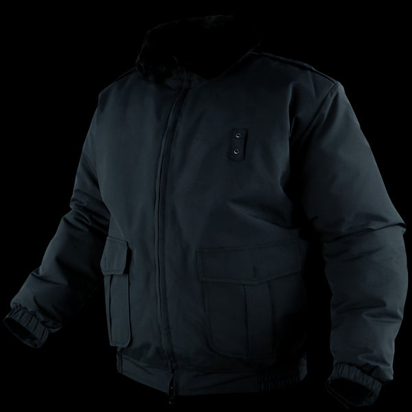 The Condor Guardian Duty Jacket | SALE is a black winter jacket with a front zipper, two large flap pockets, buttoned chest pocket, elastic cuffs, and high collar. Ideal for law enforcement use. Displayed on a mannequin.
