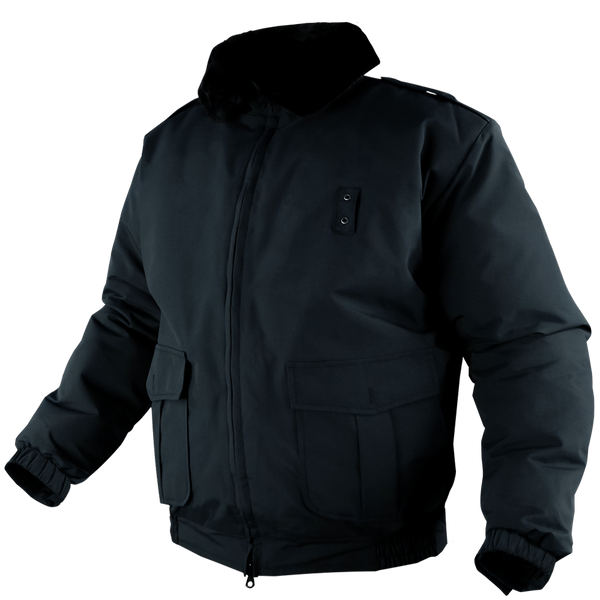 The Condor Guardian Duty Jacket | SALE is a black winter jacket with a front zipper, two large flap pockets, buttoned chest pocket, elastic cuffs, and high collar. Ideal for law enforcement use. Displayed on a mannequin.