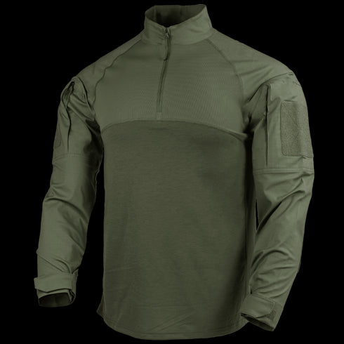 The Condor Long Sleeve Combat Shirt Gen II features an olive green color, quarter-zip collar, and reinforced shoulders and arms, designed for military or law enforcement use. Shown on a plain background.