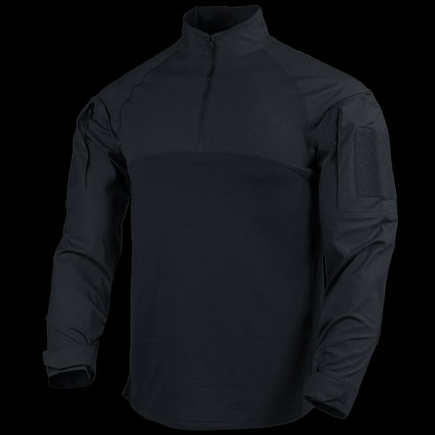 The Condor Long Sleeve Combat Shirt Gen II features a black, quarter-zip front, high collar, and sleeve patches—making it ideal for military or first responder use.