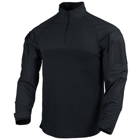 The Condor Long Sleeve Combat Shirt Gen II features a black, quarter-zip front, high collar, and sleeve patches—making it ideal for military or first responder use.