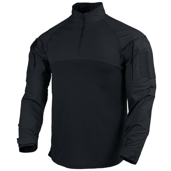 The Condor Long Sleeve Combat Shirt Gen II features a black, quarter-zip front, high collar, and sleeve patches—making it ideal for military or first responder use.