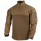 The Condor Long Sleeve Combat Shirt Gen II is a tan quarter-zip tactical shirt with reinforced shoulders and Velcro patches on both upper sleeves, perfect for military or first responder use.