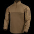 The Condor Long Sleeve Combat Shirt Gen II is a tan quarter-zip tactical shirt with reinforced shoulders and Velcro patches on both upper sleeves, perfect for military or first responder use.