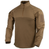 The Condor Long Sleeve Combat Shirt Gen II is a tan quarter-zip tactical shirt with reinforced shoulders and Velcro patches on both upper sleeves, perfect for military or first responder use.