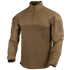 The Condor Long Sleeve Combat Shirt Gen II is a tan quarter-zip tactical shirt with reinforced shoulders and Velcro patches on both upper sleeves, perfect for military or first responder use.