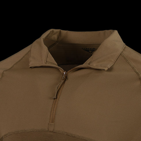 Close-up of the Condor Long Sleeve Combat Shirt Gen II, featuring a brown color, quarter-zip front, and stand-up collar, designed for military and law enforcement use.