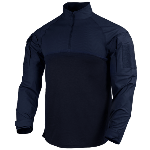 The Condor Long Sleeve Combat Shirt Gen II is a navy tactical top with a quarter-zip front, reinforced sleeves, and shoulder pockets—designed for first responders and law enforcement professionals.