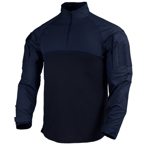 The Condor Long Sleeve Combat Shirt Gen II is a navy tactical top with a quarter-zip front, reinforced sleeves, and shoulder pockets—designed for first responders and law enforcement professionals.