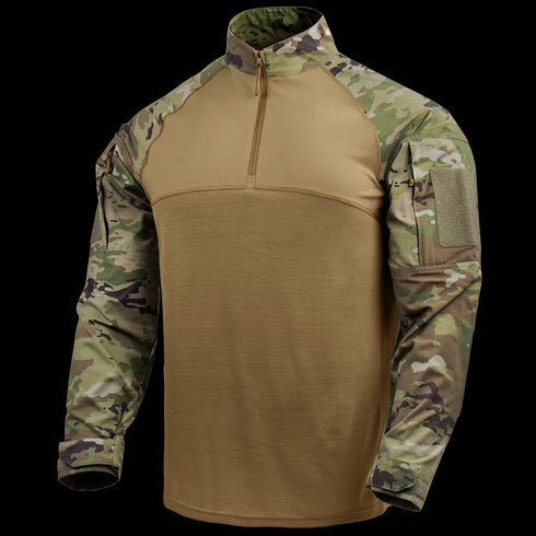 The Condor Long Sleeve Combat Shirt Gen II in MultiCam features a tan torso, camouflage sleeves, quarter-zip collar, and Velcro patch areas on the upper arms for a military-inspired style.