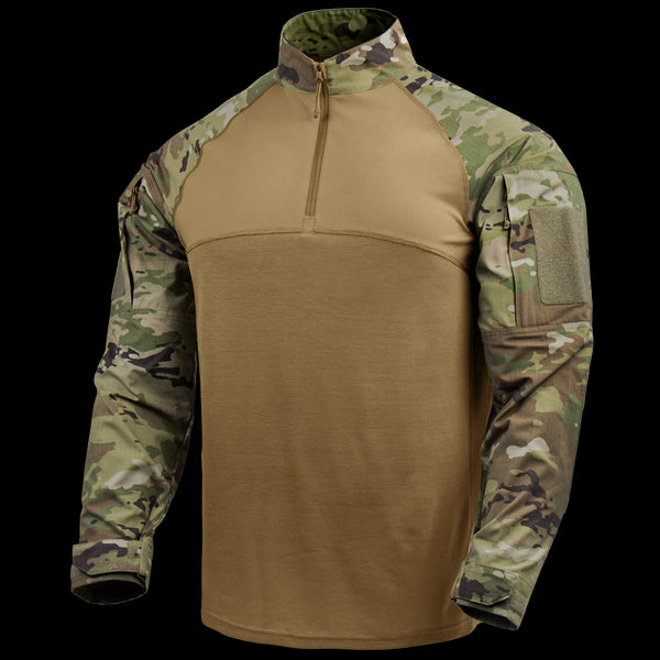 The Condor Long Sleeve Combat Shirt Gen II in MultiCam features a tan torso, camouflage sleeves, quarter-zip collar, and Velcro patch areas on the upper arms for a military-inspired style.