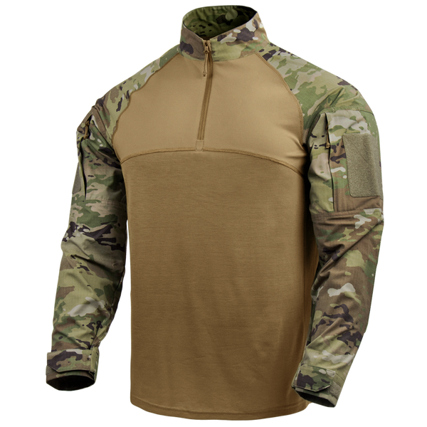 The Condor Long Sleeve Combat Shirt Gen II in MultiCam features a tan torso, camouflage sleeves, quarter-zip collar, and Velcro patch areas on the upper arms for a military-inspired style.