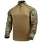 The Condor Long Sleeve Combat Shirt Gen II in MultiCam features a tan torso, camouflage sleeves, quarter-zip collar, and Velcro patch areas on the upper arms for a military-inspired style.