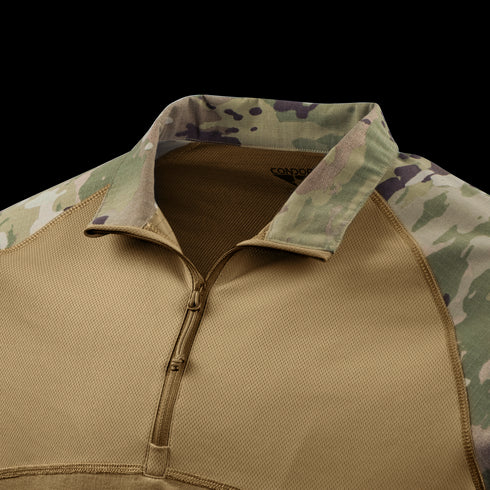 Close-up of the Condor Long Sleeve Combat Shirt Gen II - MultiCam, showcasing its zippered collar, tan body, and MultiCam camouflage on the collar and shoulders.