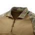 Close-up of the Condor Long Sleeve Combat Shirt Gen II - MultiCam, showcasing its zippered collar, tan body, and MultiCam camouflage on the collar and shoulders.