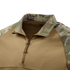 Close-up of the Condor Long Sleeve Combat Shirt Gen II - MultiCam, showcasing its zippered collar, tan body, and MultiCam camouflage on the collar and shoulders.