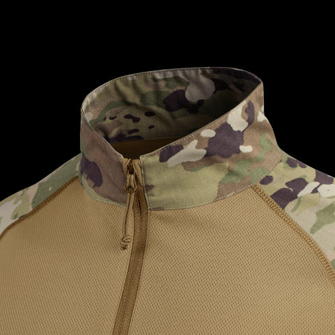 Close-up of the Condor Long Sleeve Combat Shirt Gen II - MultiCam, showing its camouflage collar and shoulders, tan mesh body, and front zipper.