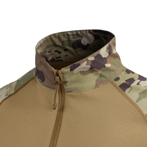 Close-up of the Condor Long Sleeve Combat Shirt Gen II - MultiCam, showing its camouflage collar and shoulders, tan mesh body, and front zipper.