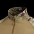 Close-up of the Condor Long Sleeve Combat Shirt Gen II - MultiCam, showing its camouflage collar and shoulders, tan mesh body, and front zipper.