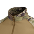 Close-up of the Condor Long Sleeve Combat Shirt Gen II - MultiCam, showing its camouflage collar and shoulders, tan mesh body, and front zipper.