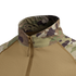 Close-up of the Condor Long Sleeve Combat Shirt Gen II - MultiCam, showing its camouflage collar and shoulders, tan mesh body, and front zipper.