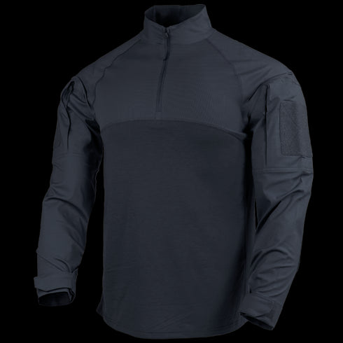 The Condor Long Sleeve Combat Shirt Gen II is a dark navy tactical shirt with a quarter-zip front, high collar, reinforced sleeves, and Velcro upper-arm patches—ideal for first responders or military professionals.