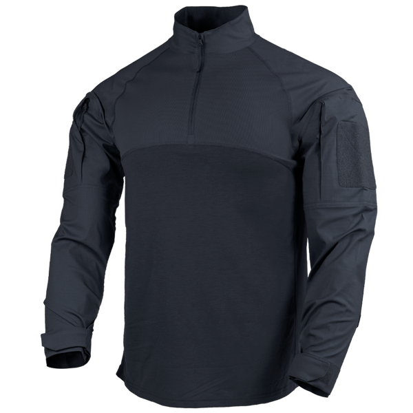The Condor Long Sleeve Combat Shirt Gen II is a dark navy tactical shirt with a quarter-zip front, high collar, reinforced sleeves, and Velcro upper-arm patches—ideal for first responders or military professionals.
