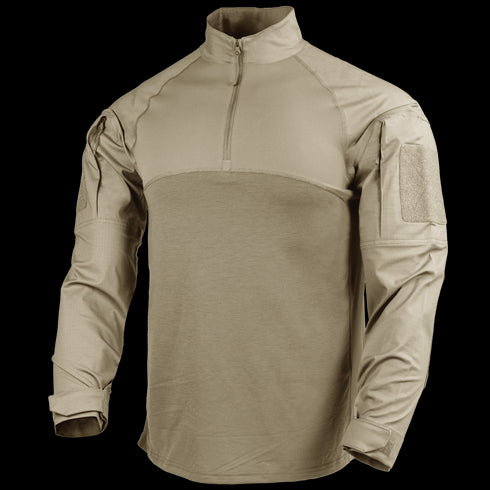 The Condor Long Sleeve Combat Shirt Gen II in beige features a quarter-zip front, high collar, and reinforced sleeve patches, shown on a plain background.
