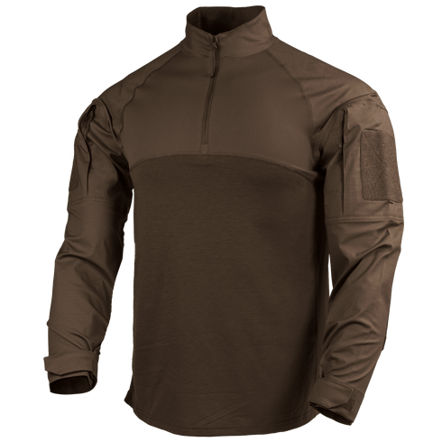 The Condor Long Sleeve Combat Shirt Gen II features a brown design with a quarter-zip front, shoulder pockets, and adjustable cuffs, shown on a plain white background.
