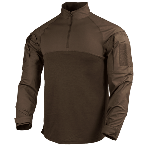 The Condor Long Sleeve Combat Shirt Gen II features a brown design with a quarter-zip front, shoulder pockets, and adjustable cuffs, shown on a plain white background.