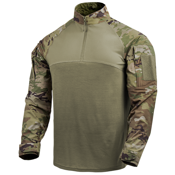 Condor’s Long Sleeve Combat Shirt Gen II in Scorpion OCP features camouflage sleeves and shoulders, a zippered collar, and a Velcro patch on the upper arm.