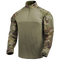 Condor’s Long Sleeve Combat Shirt Gen II in Scorpion OCP features camouflage sleeves and shoulders, a zippered collar, and a Velcro patch on the upper arm.