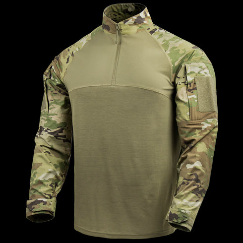 The Condor Long Sleeve Combat Shirt Gen II - Scorpion OCP features camouflage sleeves, an olive torso, a half-zip front, stand collar, and Velcro left arm patch—ideal for military or first responder use.