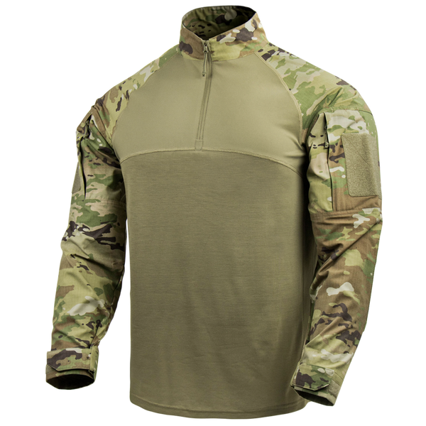 The Condor Long Sleeve Combat Shirt Gen II features a Scorpion OCP color with camouflage-patterned sleeves and collar, displayed on a plain white background.