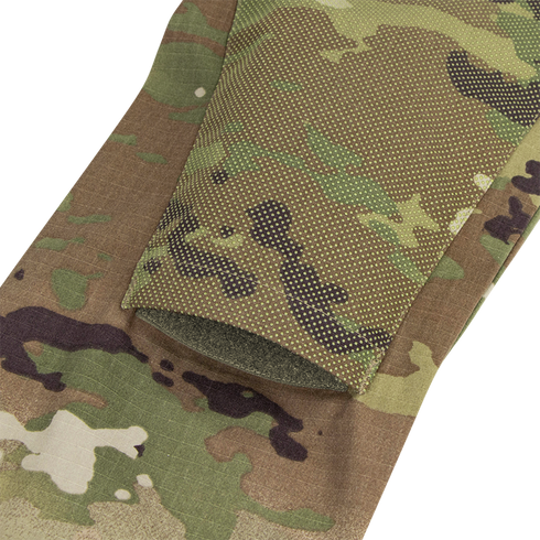 Close-up of the Condor Long Sleeve Combat Shirt Gen II in Scorpion OCP, featuring a camouflage-patterned fabric sleeve with reinforced stitching and textured material on the inner side.