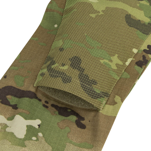 Close-up of Condor Long Sleeve Combat Shirt Gen II in Scorpion OCP, showing camouflage-patterned fabric with mesh overlay and detailed stitching—features common in military and first responder apparel.