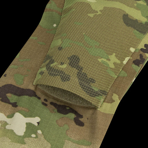 Close-up of the Condor Long Sleeve Combat Shirt Gen II in Scorpion OCP, highlighting its tactical camouflage fabric with a textured, reinforced section layered over a smoother base.