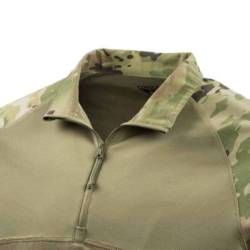 Close-up of the Condor Long Sleeve Combat Shirt Gen II - Scorpion OCP, featuring a military-style design for first responders with a camouflage collar and shoulders, and a front quarter-zip closure.