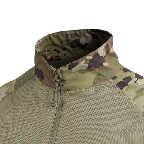 Close-up of the Condor Long Sleeve Combat Shirt Gen II in Scorpion OCP, featuring a zippered collar, mesh fabric on the body, and a contrasting solid green section.