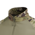 Close-up of the Condor Long Sleeve Combat Shirt Gen II in Scorpion OCP, featuring a zippered collar, mesh fabric on the body, and a contrasting solid green section.