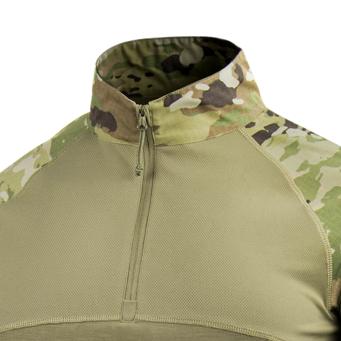 Close-up of the Condor Long Sleeve Combat Shirt Gen II - Scorpion OCP, featuring Scorpion OCP camo on shoulders and collar, olive green body, and a front half-zip closure—favored by military and law enforcement.