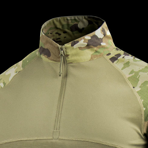 A close-up of the Condor Long Sleeve Combat Shirt Gen II - Scorpion OCP, featuring a camouflage collar and shoulders, front zipper, and olive green body—ideal for military or law enforcement professionals.