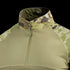 A close-up of the Condor Long Sleeve Combat Shirt Gen II - Scorpion OCP, featuring a camouflage collar and shoulders, front zipper, and olive green body—ideal for military or law enforcement professionals.