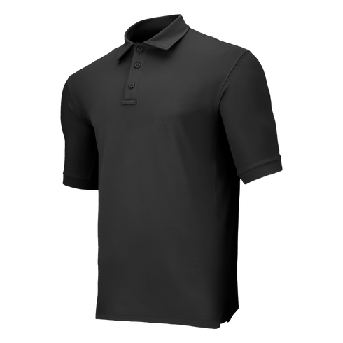 The Condor Short Sleeve Dri-Flex Tactical Polo in black features a collar and three buttons, shown on a plain white background.